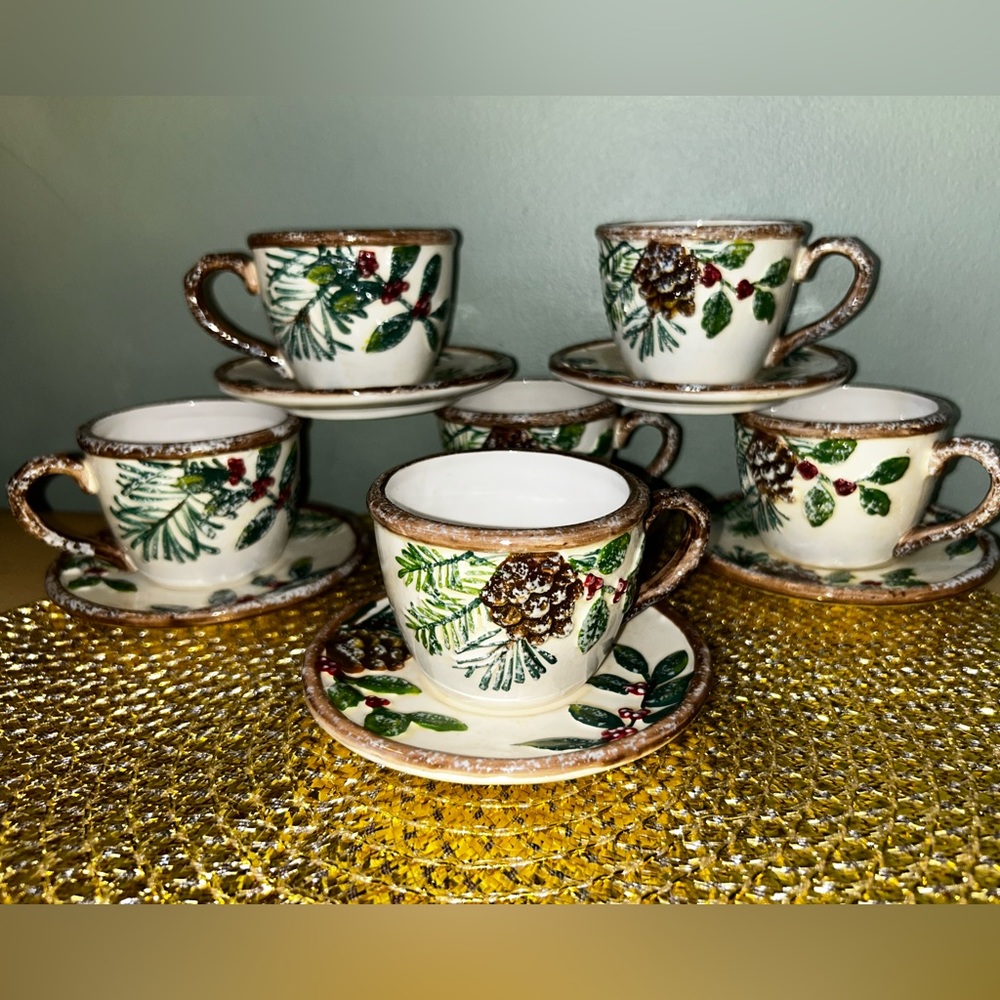 Yankee Candle Pine Cone Holly Berry Tea Light Votive Cup & Saucer 2 SETS